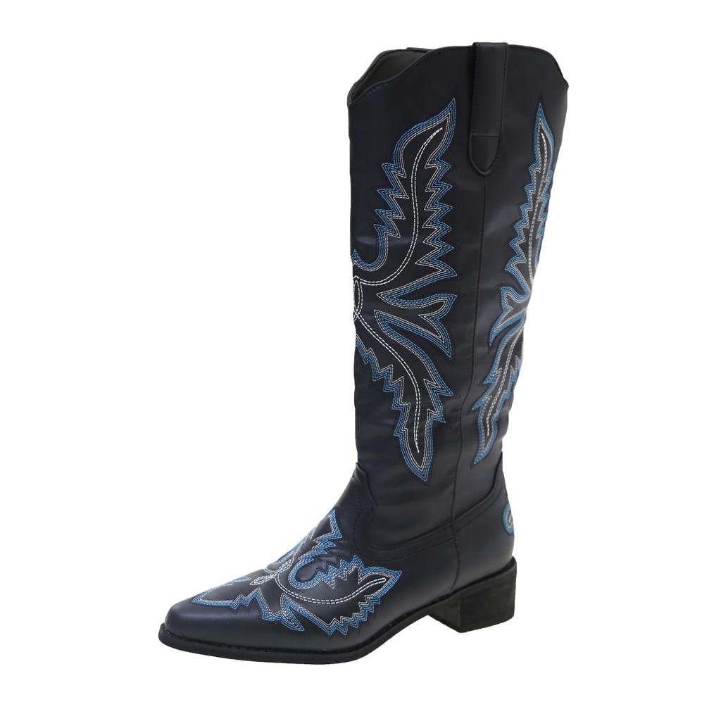 New European and American Pointed Thick Heel Tall Tube Large Size Western Cowboy Boots