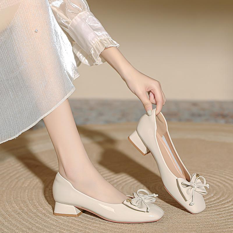 Customized~ Low-heeled single shoes women's 2025 new women's shoes red wedding shoes bow French square head thick-heeled high heels