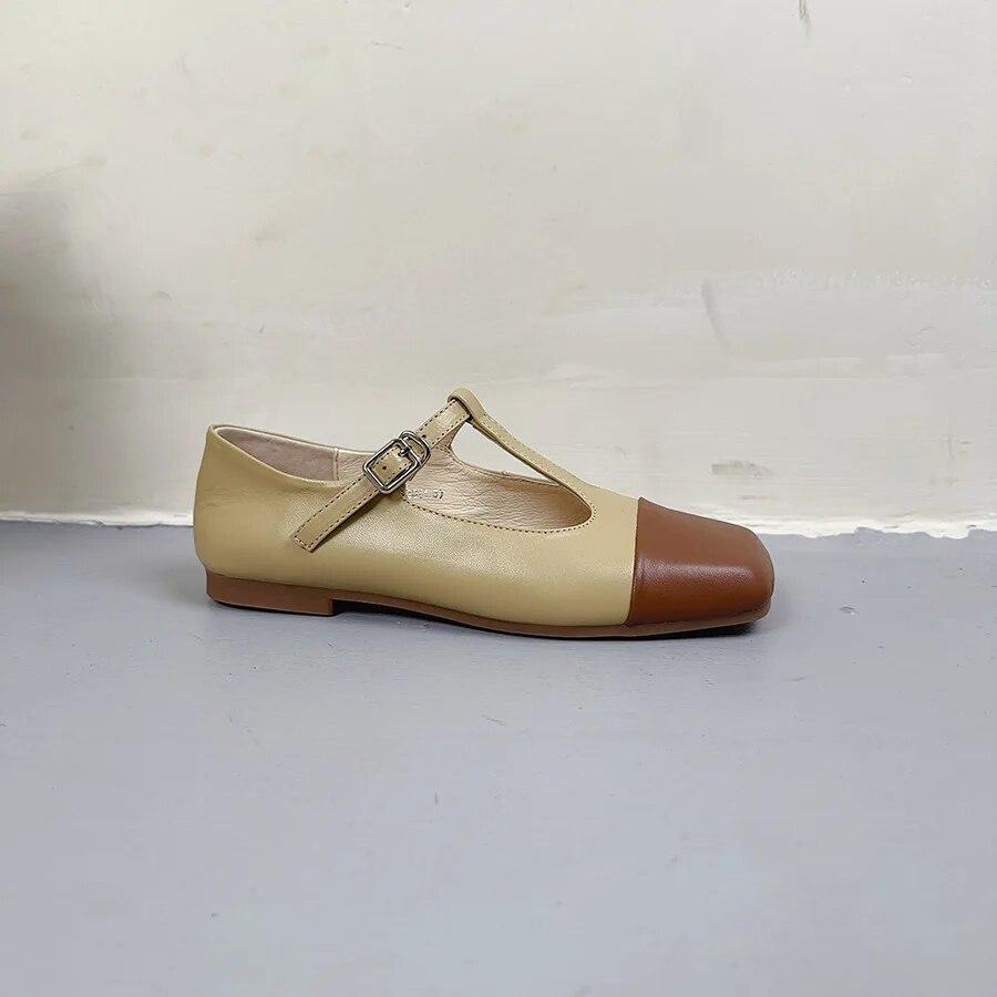 Johnature Square Toe Buckle Shallow Fashion Pumps Versatile Genuine Leather Women Low Heels Shoes