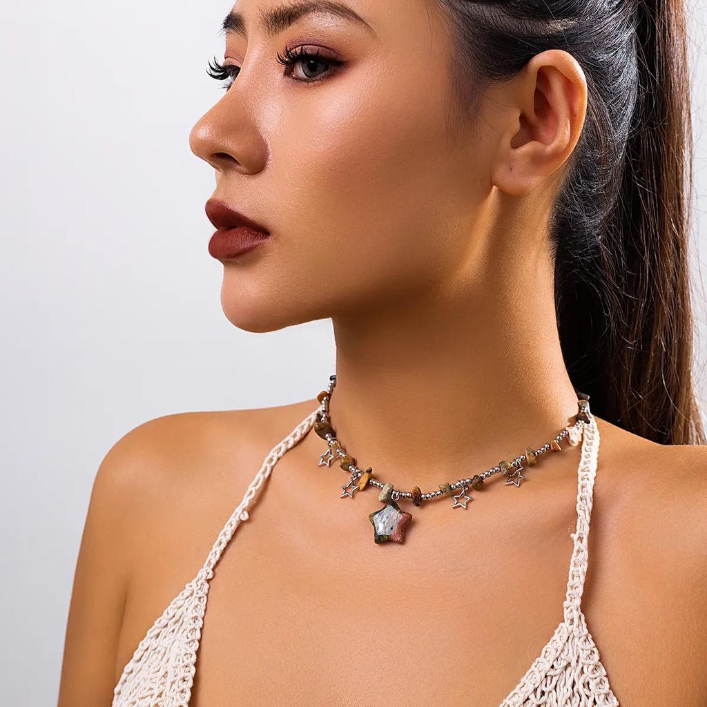 Boho Kpop Colorful Irregular Natural Stone Hollow Star Pendant Choker Necklace Women Goth Beads Chain Y2K Jewelry Accessorie New