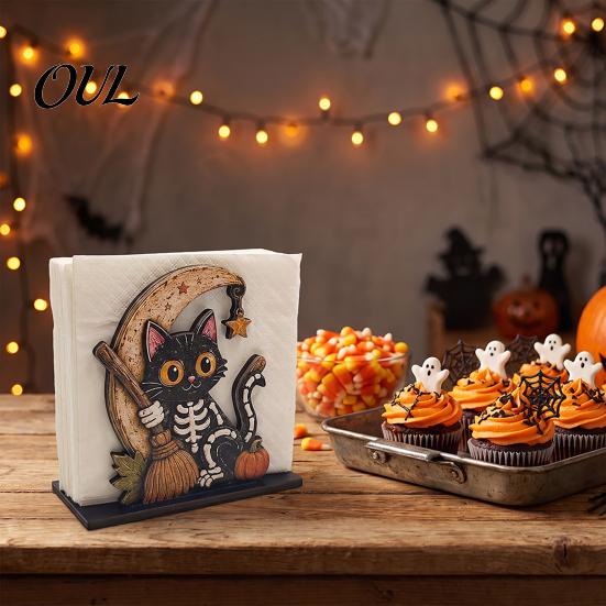 Decorative Wood Tissue Stand Halloween Napkin Holder, Vintage Rustic Dispenser Organizer, Spooky Ghost Stable Log Base Holder Black Cat Boo