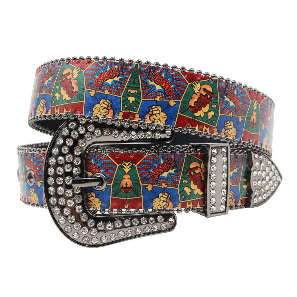 Rhinestone Punk Graffiti Hand-Painted PU Belt - Rock Fashion, European & American Style