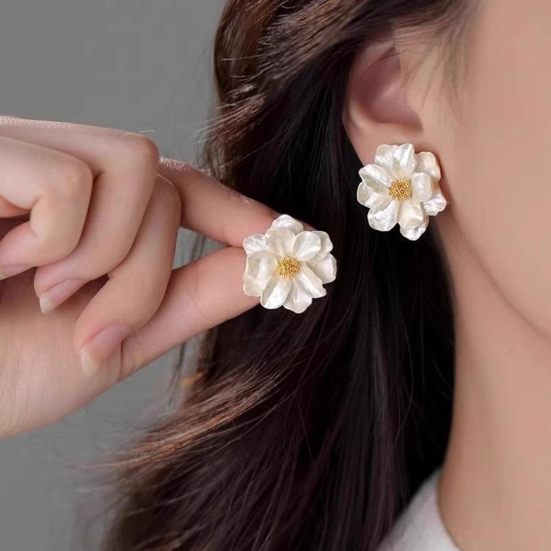 White Silver Camellia Flower Stud Earrings - Luxurious Women s S925 Silver Stud Earrings - High-end Ear Jewelry