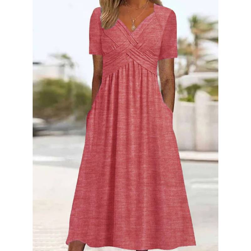 Casual Fall Solid Color V Neck Short Sleeve Dress With Pockets For Women