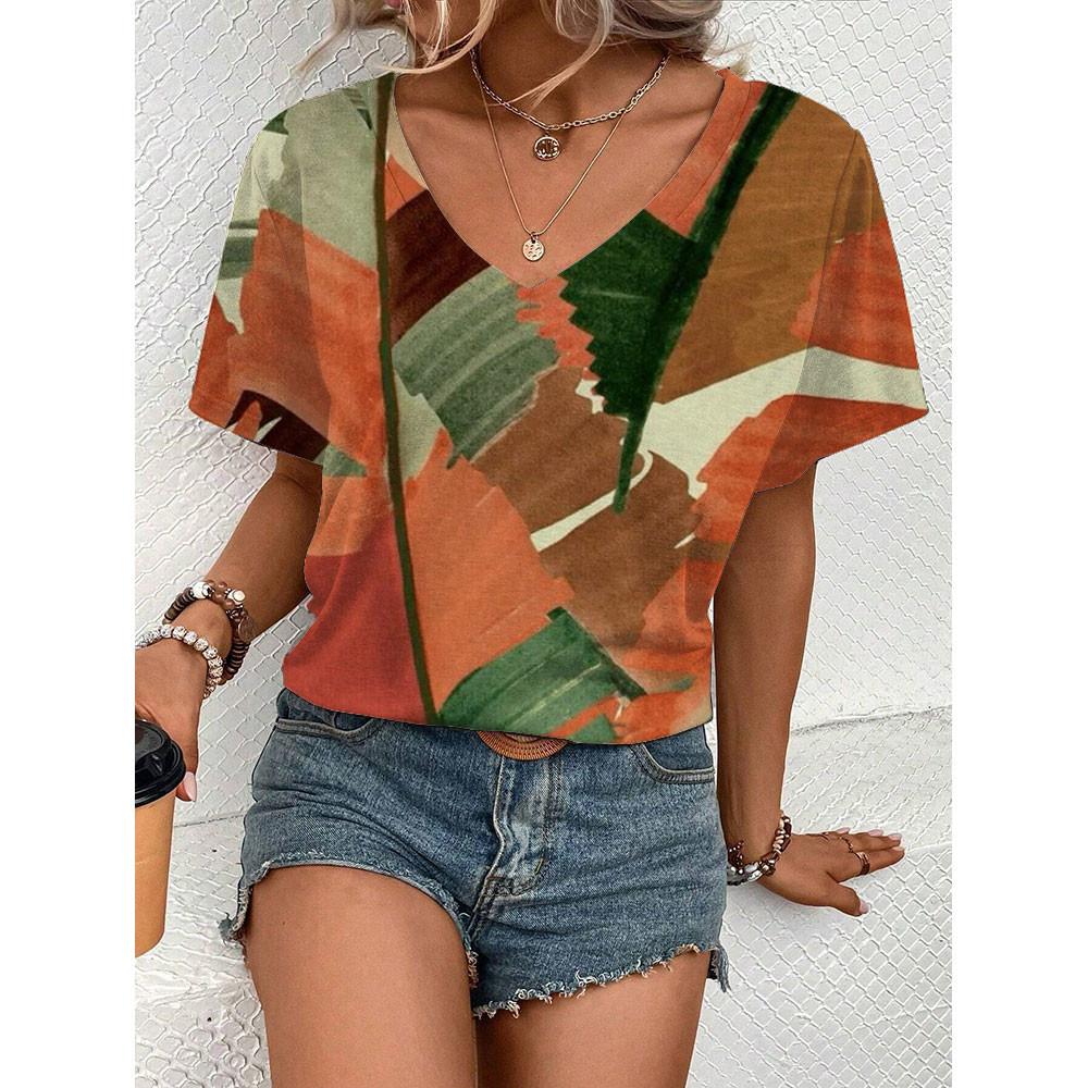 Fashionable And Simple  Summer Oversized Comfortable T-shirt Design Inspired Geometric Pattern Printed Women's V-neck Top