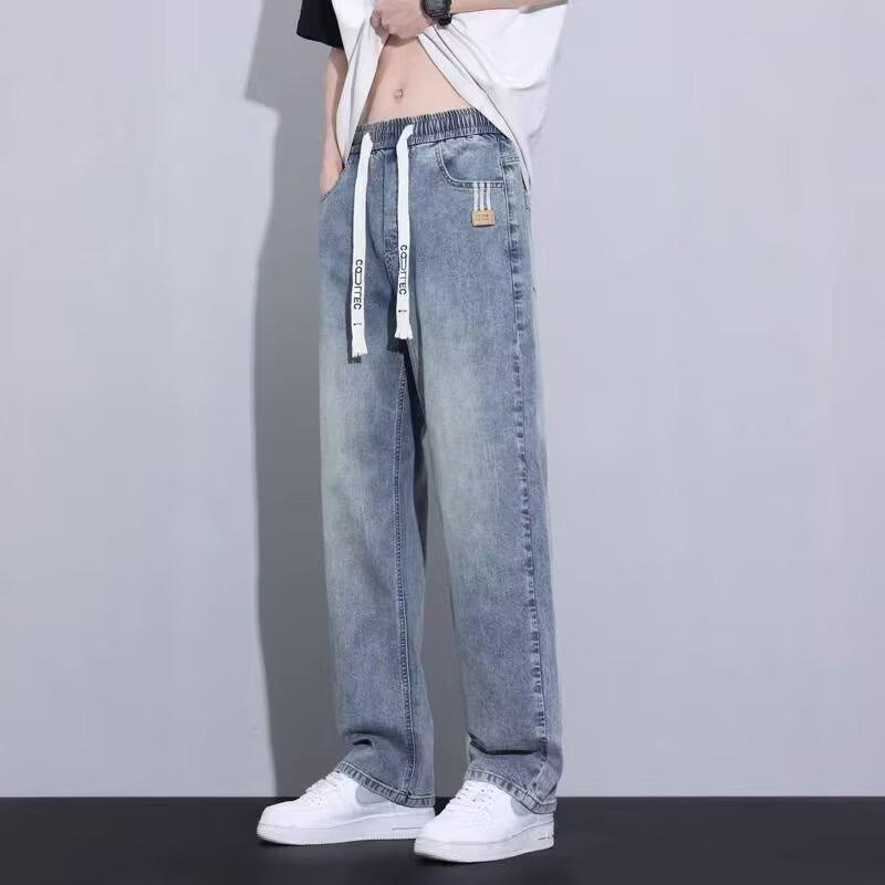 Men's Trendy Retro Loose Wide-Leg Jeans with Elastic Waist Drawstring - Versatile Summer Casual.