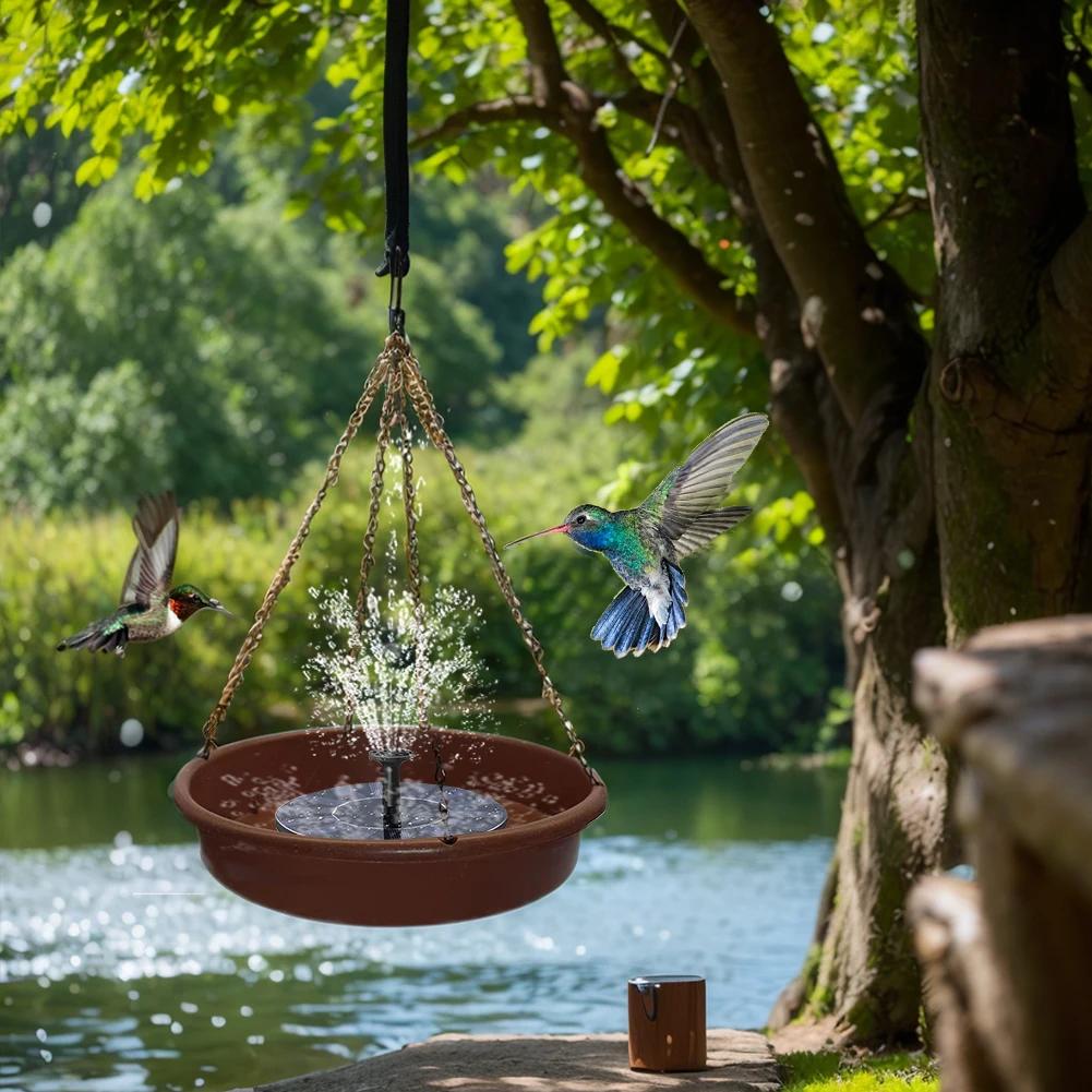 Solar Powered Hummingbird Food Feeder Hand Blown with Solar Fountain Pump Water Feeding Bowl for Outdoor Garden Yard Decoration