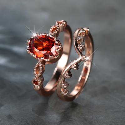 Exquisite Rose Gold Color Oval Red Crystal Engagement Rings Set for Women Romantic Zircon Stones Wedding Promise Ring Set Jewelry Gifts