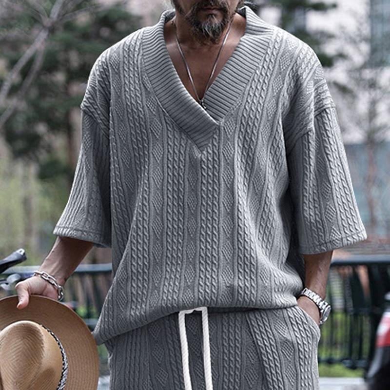 Men's Loose V-Neck Short Sleeve Knit T-Shirt.