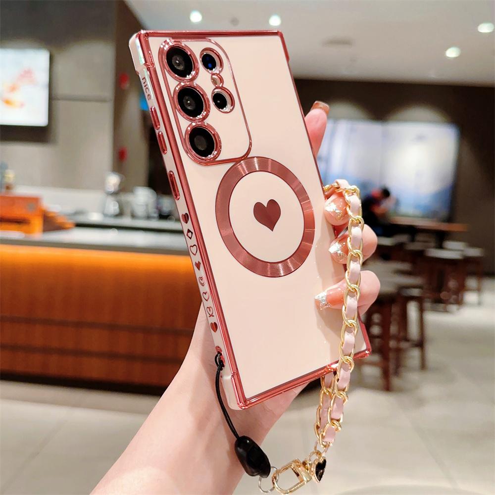 For Magsafe Love Heart Wrist Chain Case for Samsung Galaxy S25 S24 Ultra S22 Plus S23 S21 S20 FE Magnetic Bracelet Plating Cover