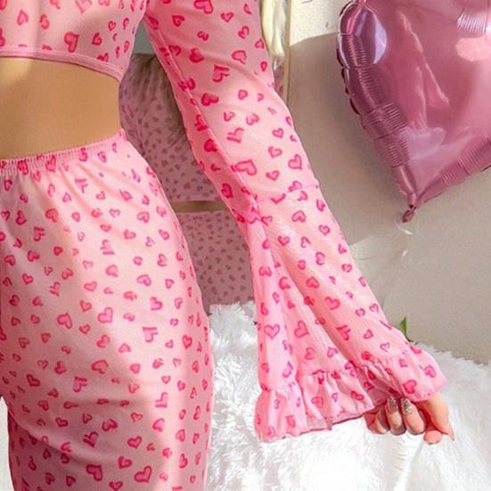 Damen Valentinstag Pyjama Set Sexy Herz Print Rüschensaum 2-teilig Lounge Pjs