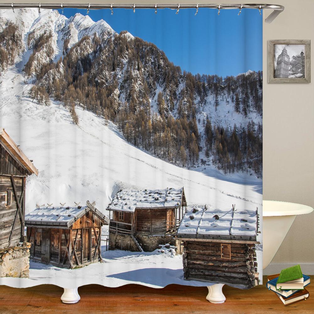 Natural Landscape Shower Curtains Bathroom Curtain Snow Scene Cedar Waterproof Polyester Bath Curtain Home Decorationwith Hooks
