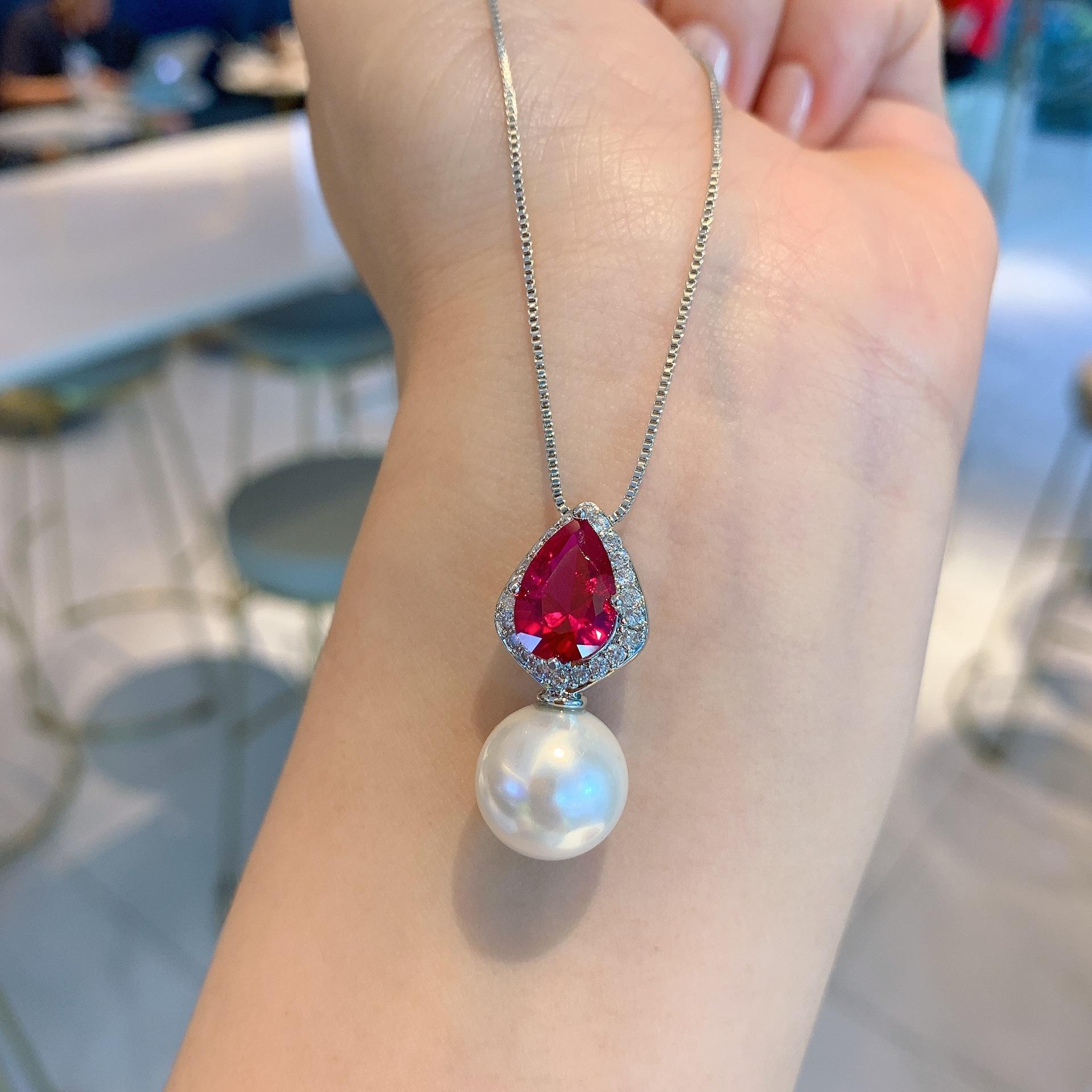 Комплект Белый Жемчуг Красный Корунд Груша Ожерелье Серьги Белый Жемчуг Высокая Мода Женщины