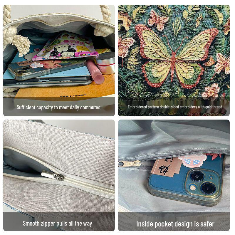 Trendy Gold Silk Jacquard Butterfly Canvas Shoulder Bag