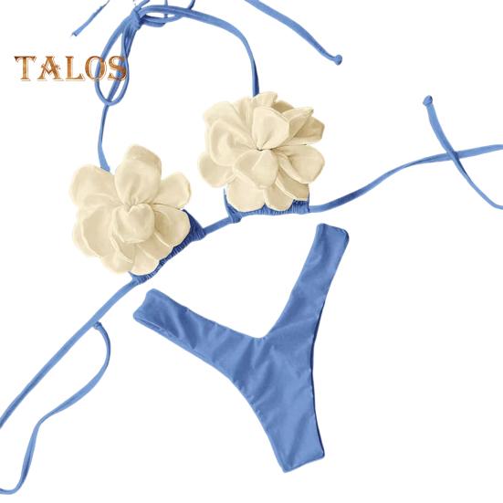 

Комплект из 2 предметов: летний комплект бикини, регулируемый, на шнуровке, с лямкой на шее, с 3D-цветком, с низкой посадкой, комплект плавок, купальники S синий