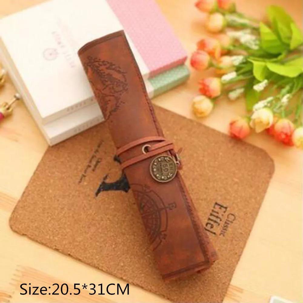 Vintage Roll Up Leather Pencil Case Large Pen Pouch with Embossed Pattern and Tie Closure for Students Artists Office Supplies