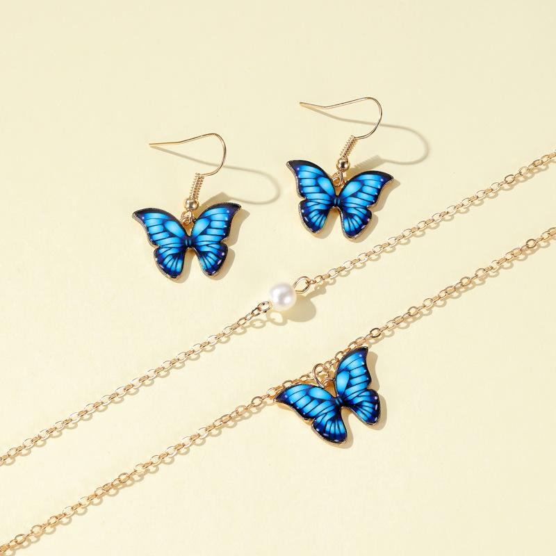 Fashion Choker Chain Pearl Necklace Earrings Sets for Women Jewelry Cute Colorful Butterfly Gold Color Chain Vintage Jewellery