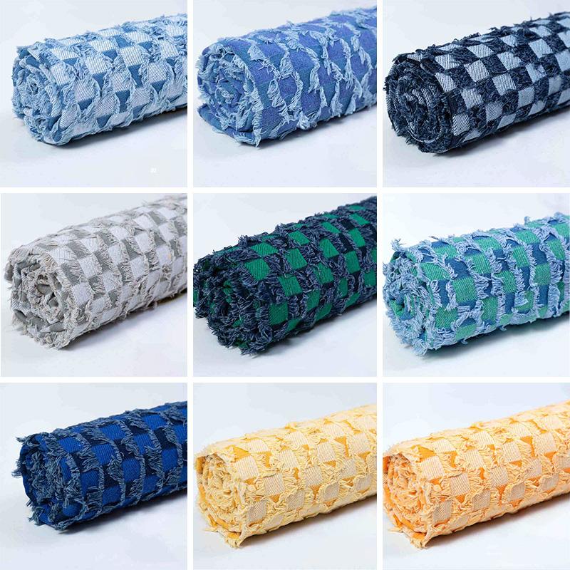 50x160cm Tassel Plaid Cotton Denim Fabric Retro Style Washed Denim Designer Fabric For DIY Coats Pants Sewing Textile Material