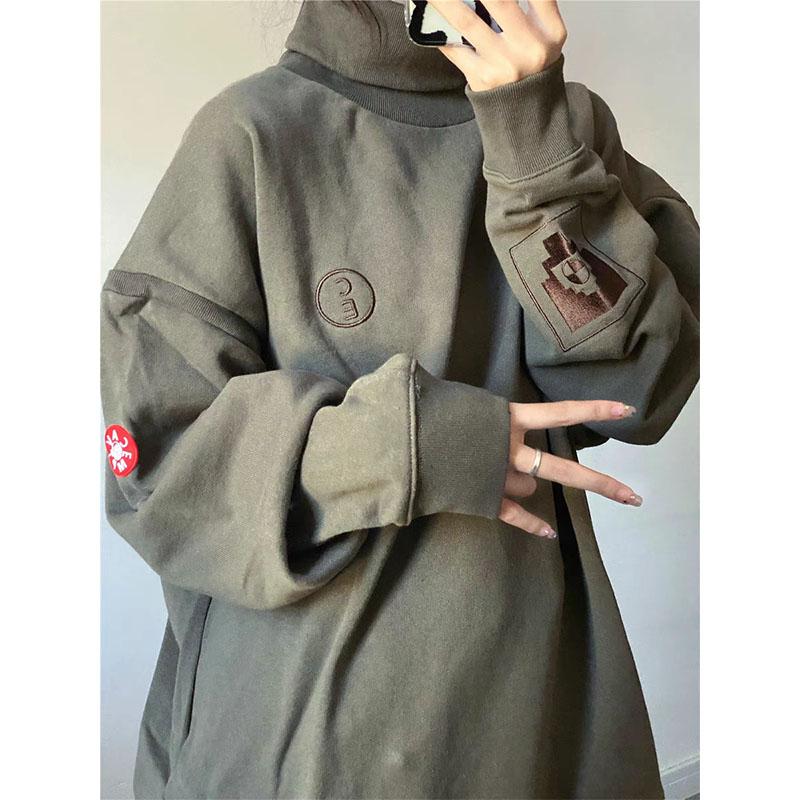 Japonský styl Vintage Podzimní Vítěz Nové Mikiny Dámské Rolák Výšivka Plus Samet High Street Dlouhý Rukáv Volné Topy