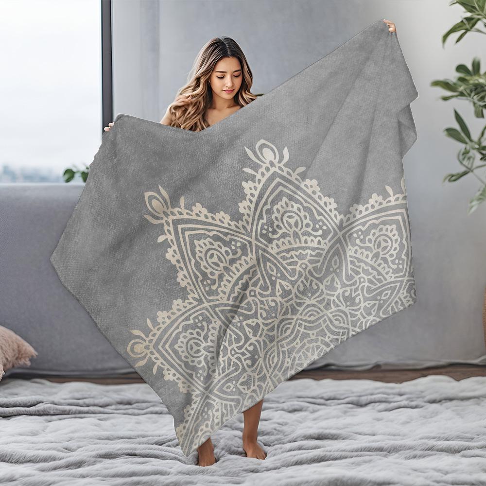 Boho Mandala Throw Blanket Textured Grey Geometric Print Soft Fleece Blanket for Couch Sofa Bed Decor