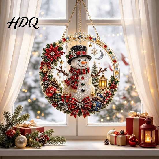 Decorative Acrylic Winter Ornaments Xmas Snowman Hanging Ornament Round Santa Reindeer Christmas Tree Decorations Door Sign for Festive Window