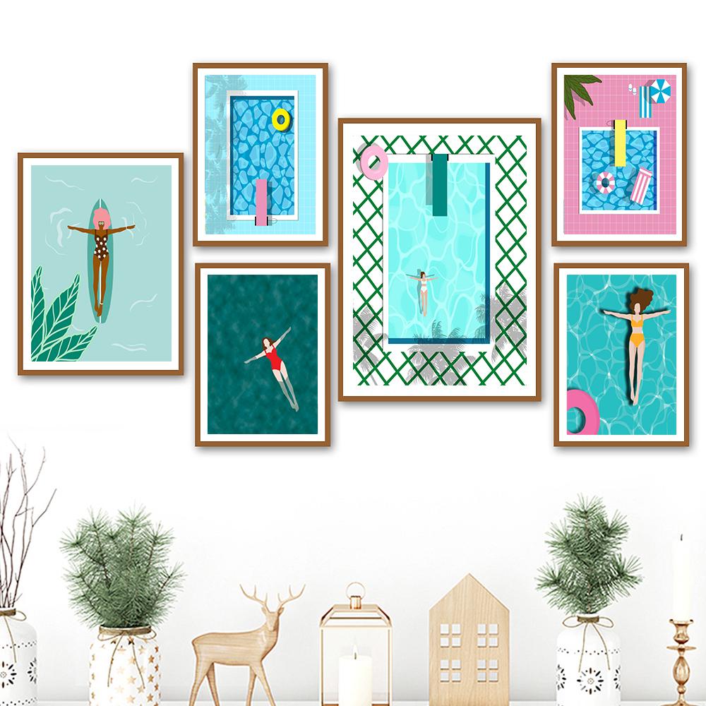 Nordic Abstract Wall Art Pictures Prints People Swimming In A Pool Canvas Painting Woman In Water Posters for Living Room Decor No Frame