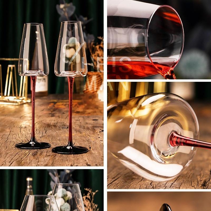 Red Stem Wine Glass Set, Hand-Blown Crystal Burgundy Glasses for Red Wine & Champagne