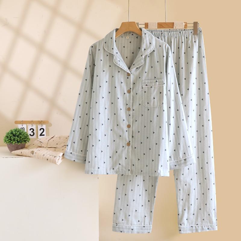 2026 Spring and Autumn Women's Pajama Set 100% Cotton Gauze Vertical Strip Love Long Sleeve Two piece Home Clothing Set