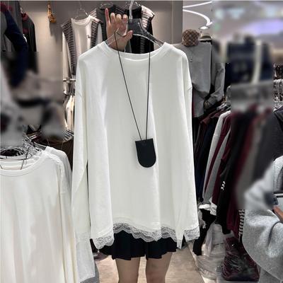 Women's Korean Style White Long-Sleeved T-Shirt: High-End Autumn/Winter Top, Mid-Length, with Lace Trim, Loose Fit Base Layer