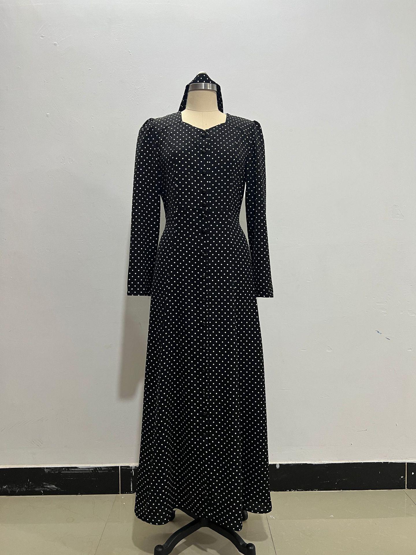 

2025 Autumn Long Sleeve Square Neck Polka Dot Slimming Dress X-Large