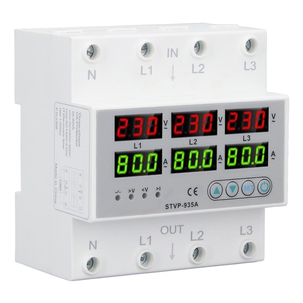 Over Under Voltage Protector 80A 3 Phase Auto Reset Voltage Protective Device DIN Rail Voltmeter Amm