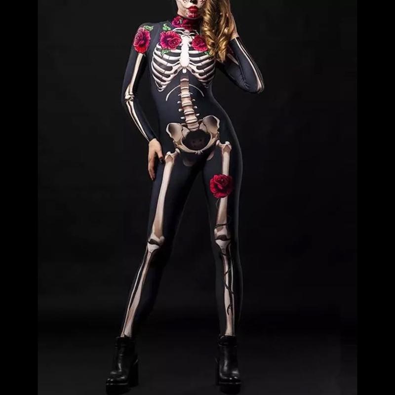 Women Halloween Party Costume Turtleneck Skull Print Long Sleeve Jumpsuit Outfit Scary Skeleton Bodysuit for Adults