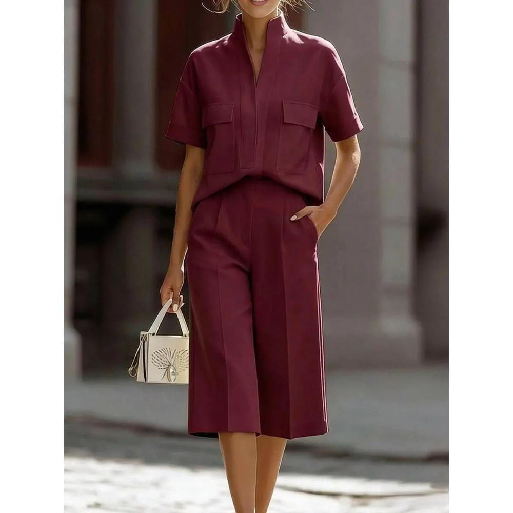 Women's Loose Fit Two-piece Outfit Set Short Sleeve Stand Collar Shirt High Waist Culotte Coordinates