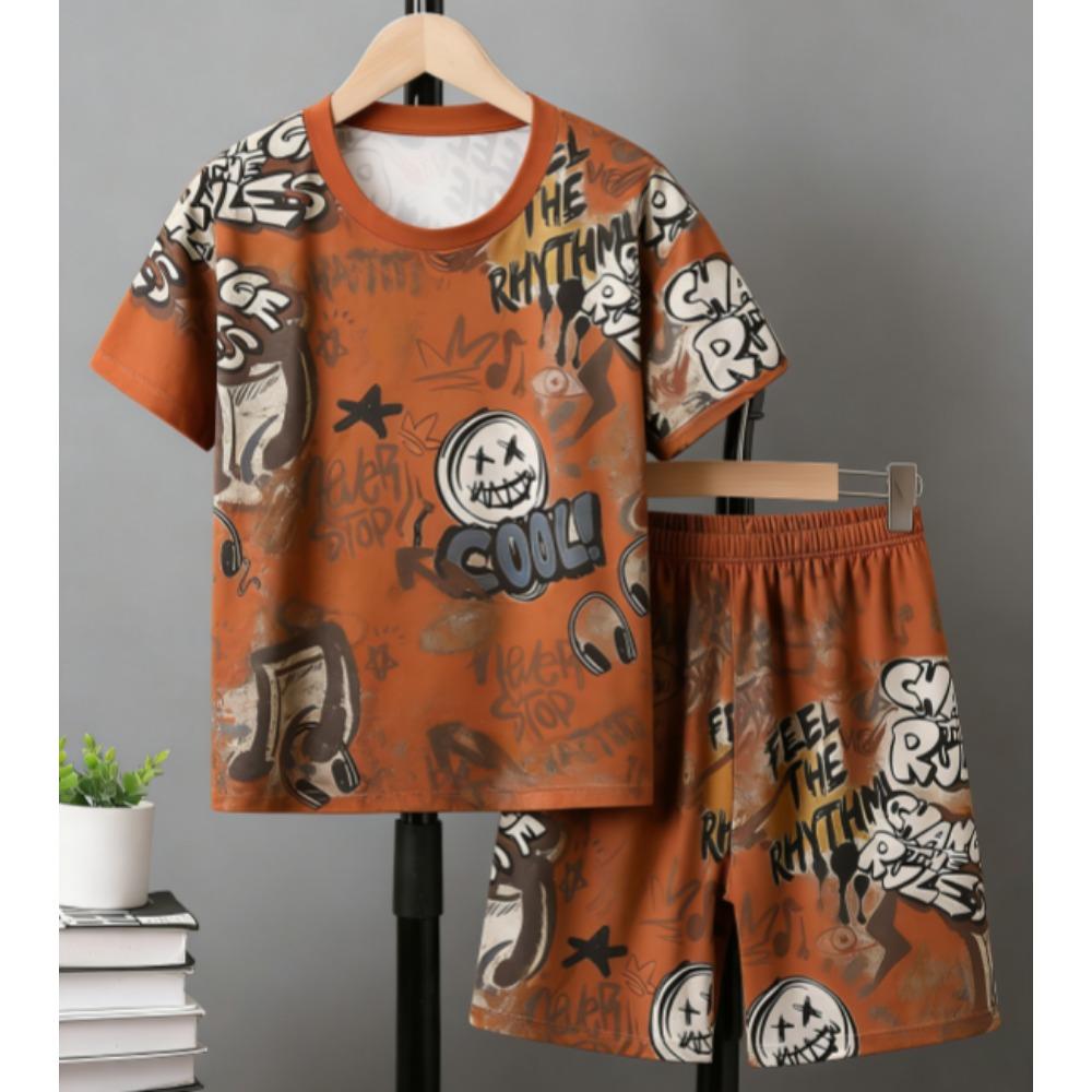 Letter Graffiti Printed Kids T-shirt and Shorts 2 Piece Set Summer Casual Outfit for Boys and Girls Kids Clothing