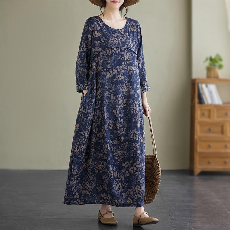 Langermet Plussstørrelse Bomull vintage blomstret ny i kjoler for kvinner avslappet løs vår høst kjole