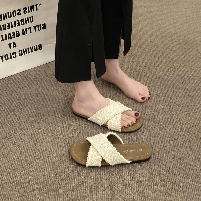 Ethnic style cool slippers 2025 new summer retro woven cross cool slippers flat bottom one-word women's shoes