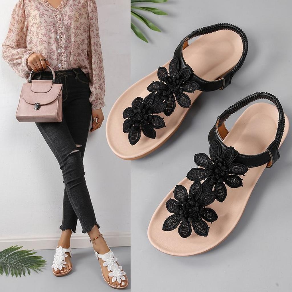 Women Flower Sandals Comfort Walking Casual Summer Beach Thong Shoes Dress Elastic Boho Cute Flats