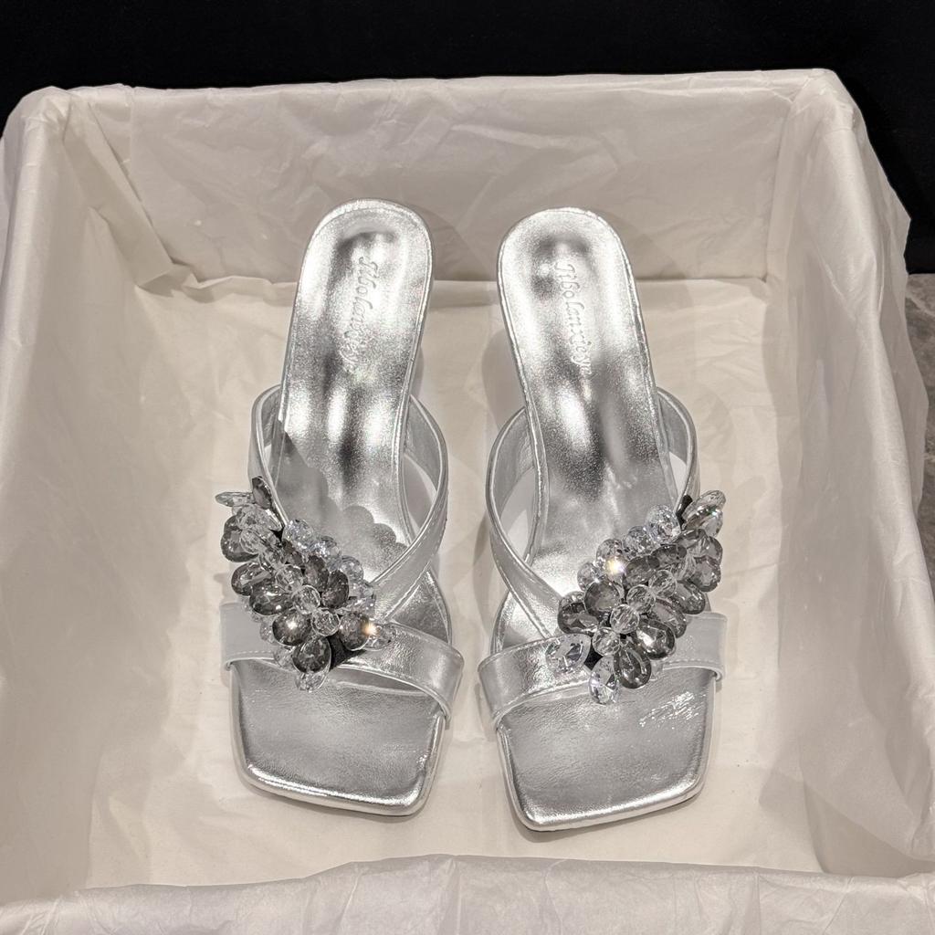 Fairy, Rhinestone Bow, Medium Heel, Cool Slippers, Female Summer 2025 New Fashion, Open-toed One-word Drag