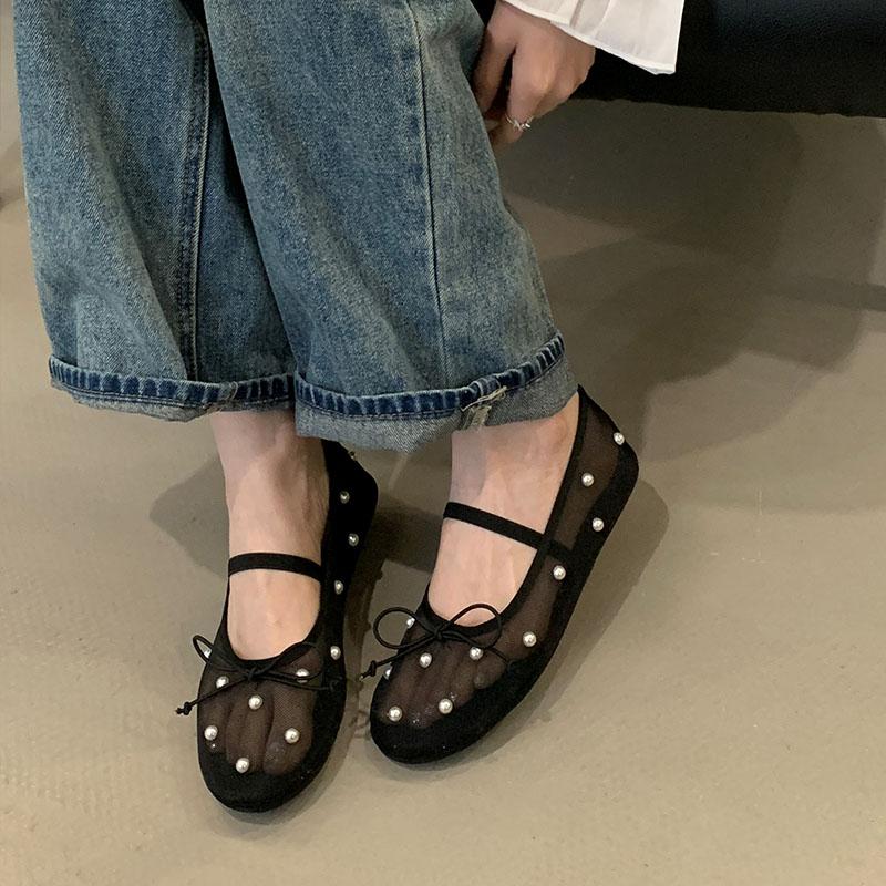 Moda Moda Stringa Perline Basse Scarpe Mary Jane Piatte da Donna Calzature con Nodo a Farfalla da Donna Rete Scarpe Ballerine da Donna Scarpe da Ballo