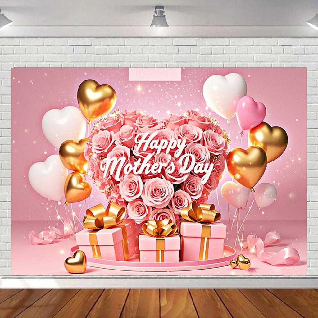 Mother's Day Floral Party Backdrop with Roses&Balloons&Gift Boxes Design,Wall Decor and Festive Celebrations,Mothers Day Decor