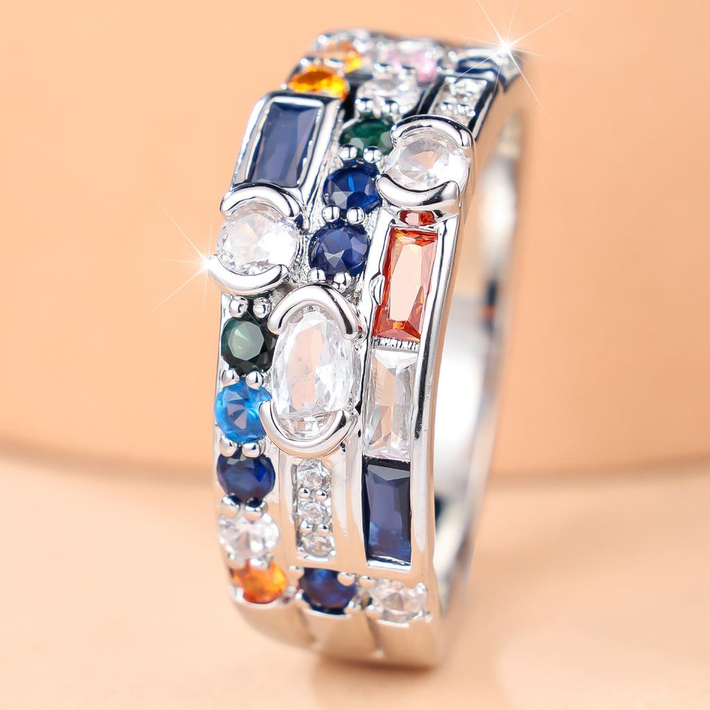 Luxury Female Rainbow Zircon Stone Engagement Square Round Oval Ring Vintage Silver Color Wedding Fashion Jewelry For Women