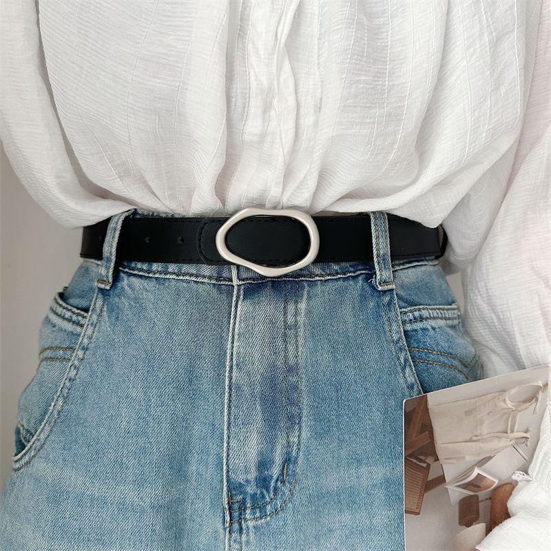 

Inspired Womens Vintage Denim Belt Sleek Pu Material With Twisted Oval Buckle Silver Twisted Oval