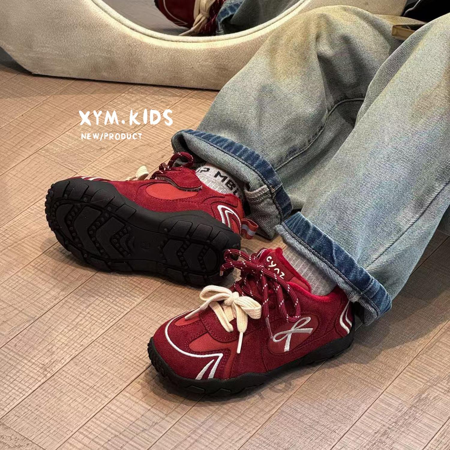 

2025 winter new children s two-cotton casual shoes Korean version bow double lace-up velvet girls German training shoes 26-30 yards 5 pairs starting batch красный