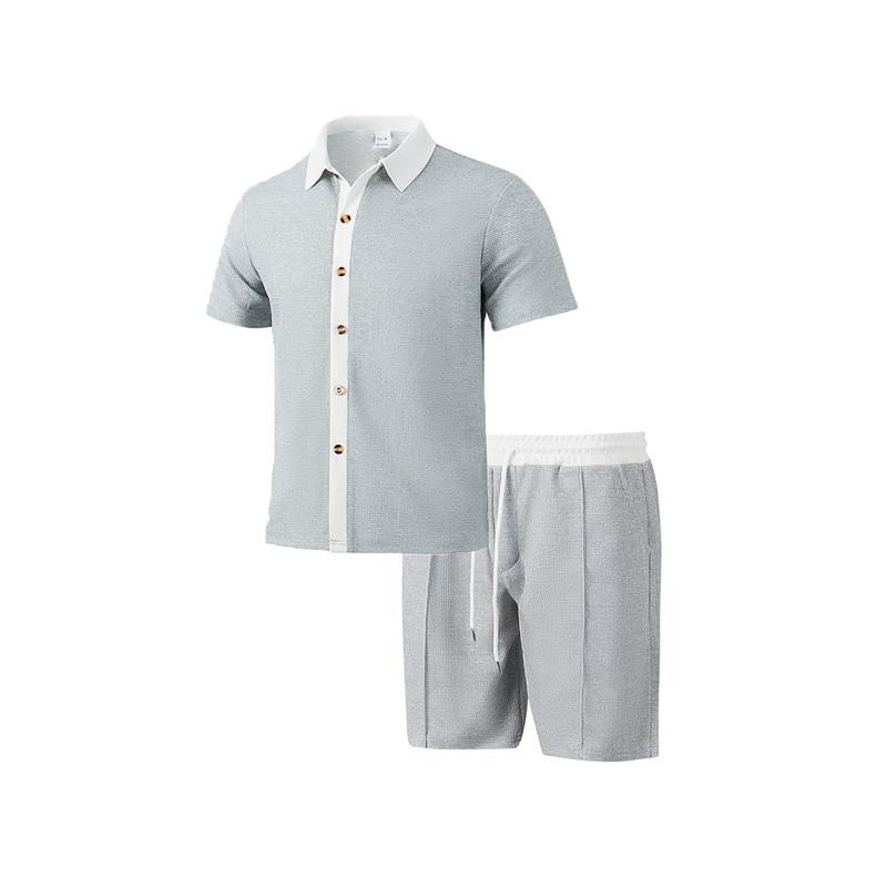 Men's  Color Block Knit Set Short Sleeve Shorts 2-Piece Summer Casual
