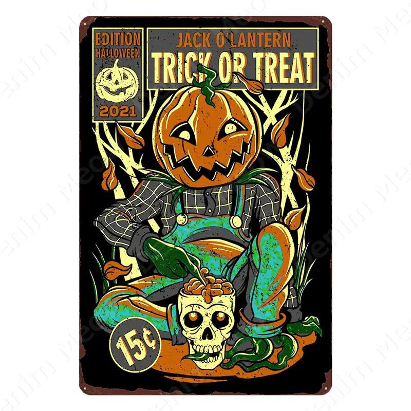 Halloween Party Vintage Metal Tin Sign Trick or Treat Home Bedroom Club Wall Decor Pumpkin Monster Poster Door Decorati