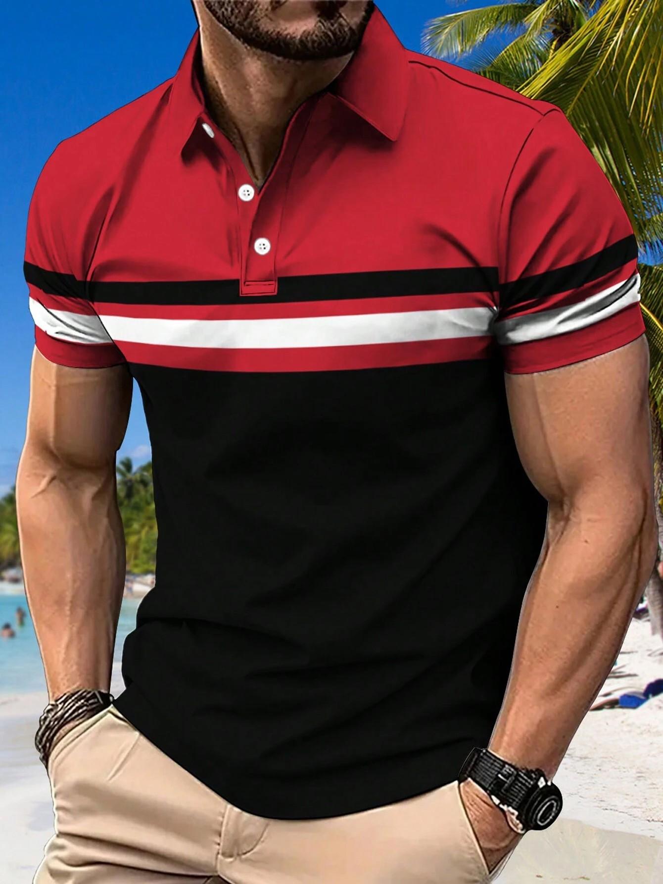 

Men s Polo Shirt Button Collar Short Sleeve Pullover Summer Casual Sports Solid Color Striped Lapel Trend Men s T Shirt Tops 2XL
