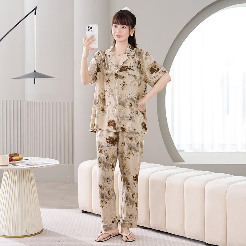Cotton and silk pajamas women's spring and summer short-sleeved large-size suit spring and autumn thin cartoon printed loungewear
