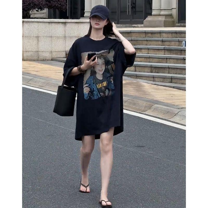Fashion Trend Versatile Slim-fit Printed Crew Neck Long Short Sleeve European Foreign Style Age Reducing Top T-Shirt Summer 2025