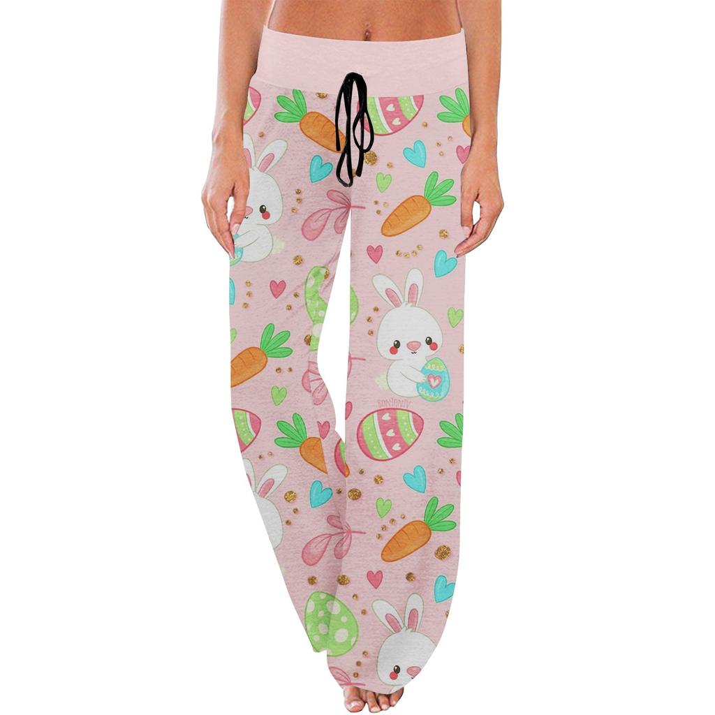 Pantaloni de pijama confortabili de damă, cu imprimeu de Paște, buzunare mici, pantaloni largi cu șnur