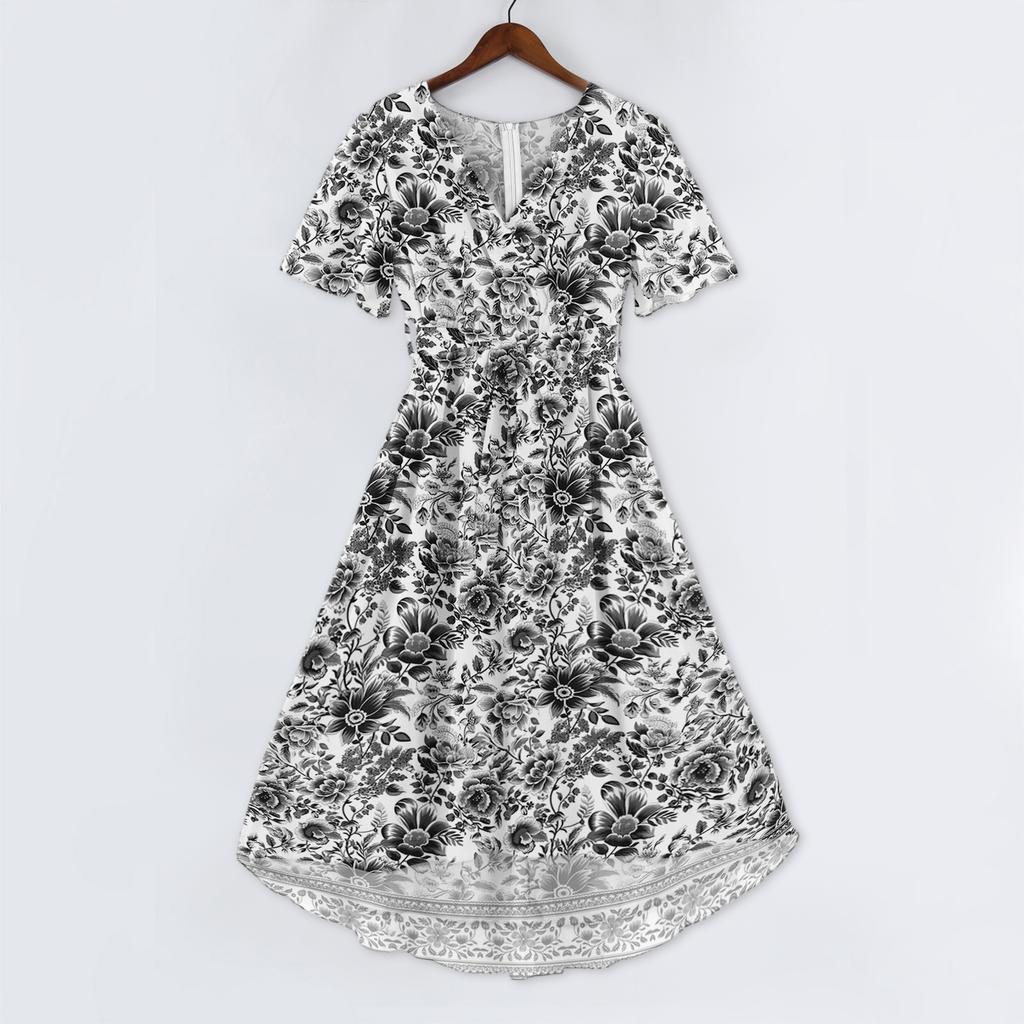 Women's Fashion Casual V Neck Short Sleeve Retro Floral Print Dress Midi Length Lightweight Summer Dress